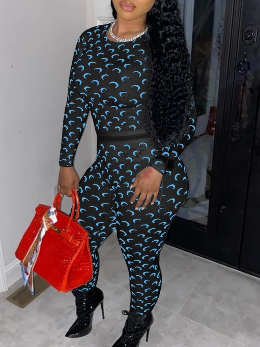 

Lovely Euramerican O Neck Moon Print Blue Two Piece Pants Set