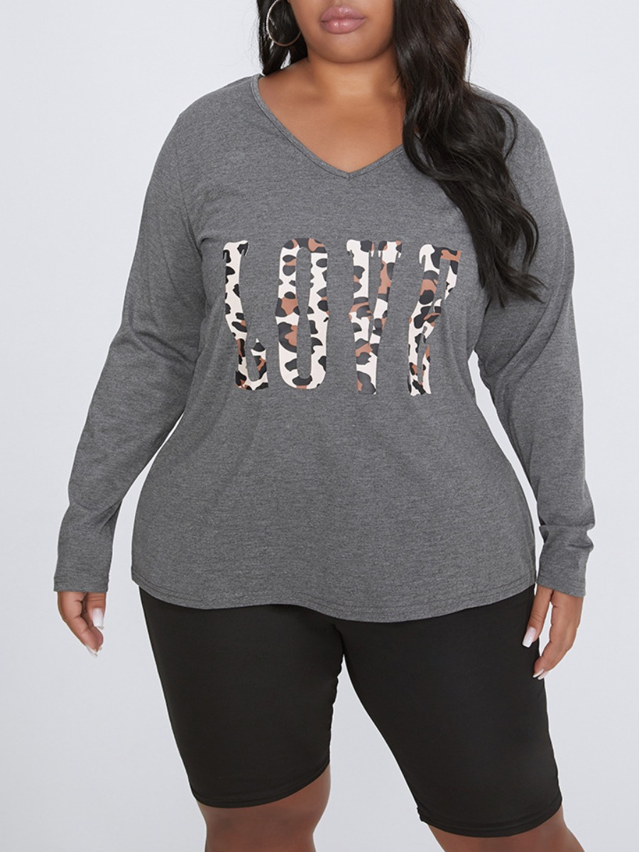 

lovely Casual V Neck Letter Print Grey Plus Size T-shirt