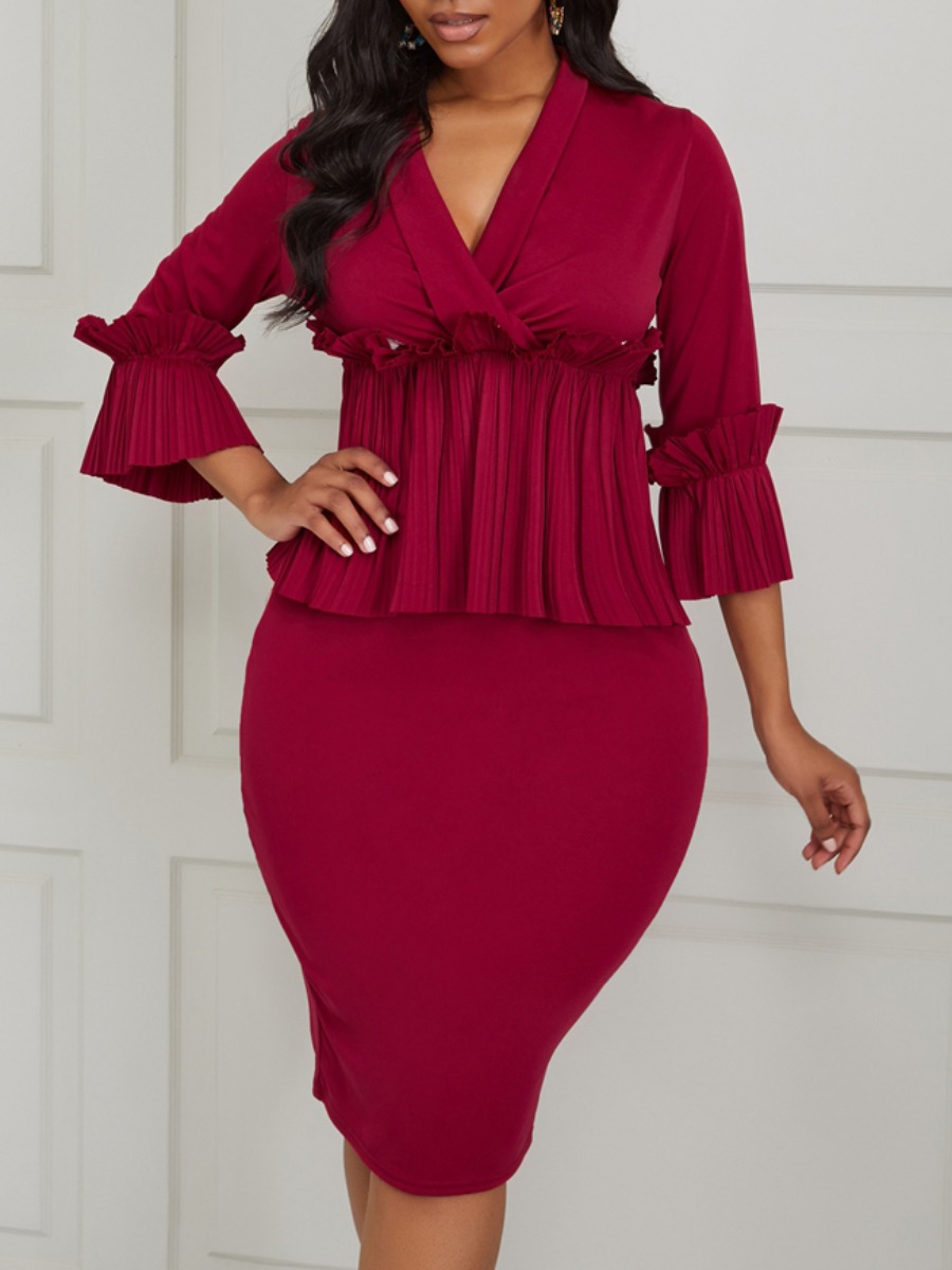 

lovely Trendy V Neck Fold Design Wine Red Two Piece Skirt Set