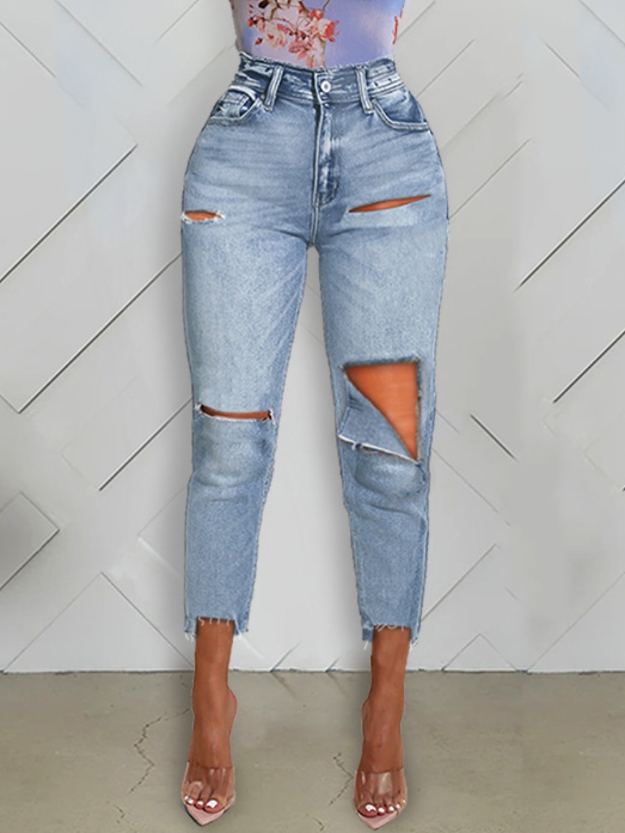 

lovely Trendy Hollow-out Baby Blue Jeans