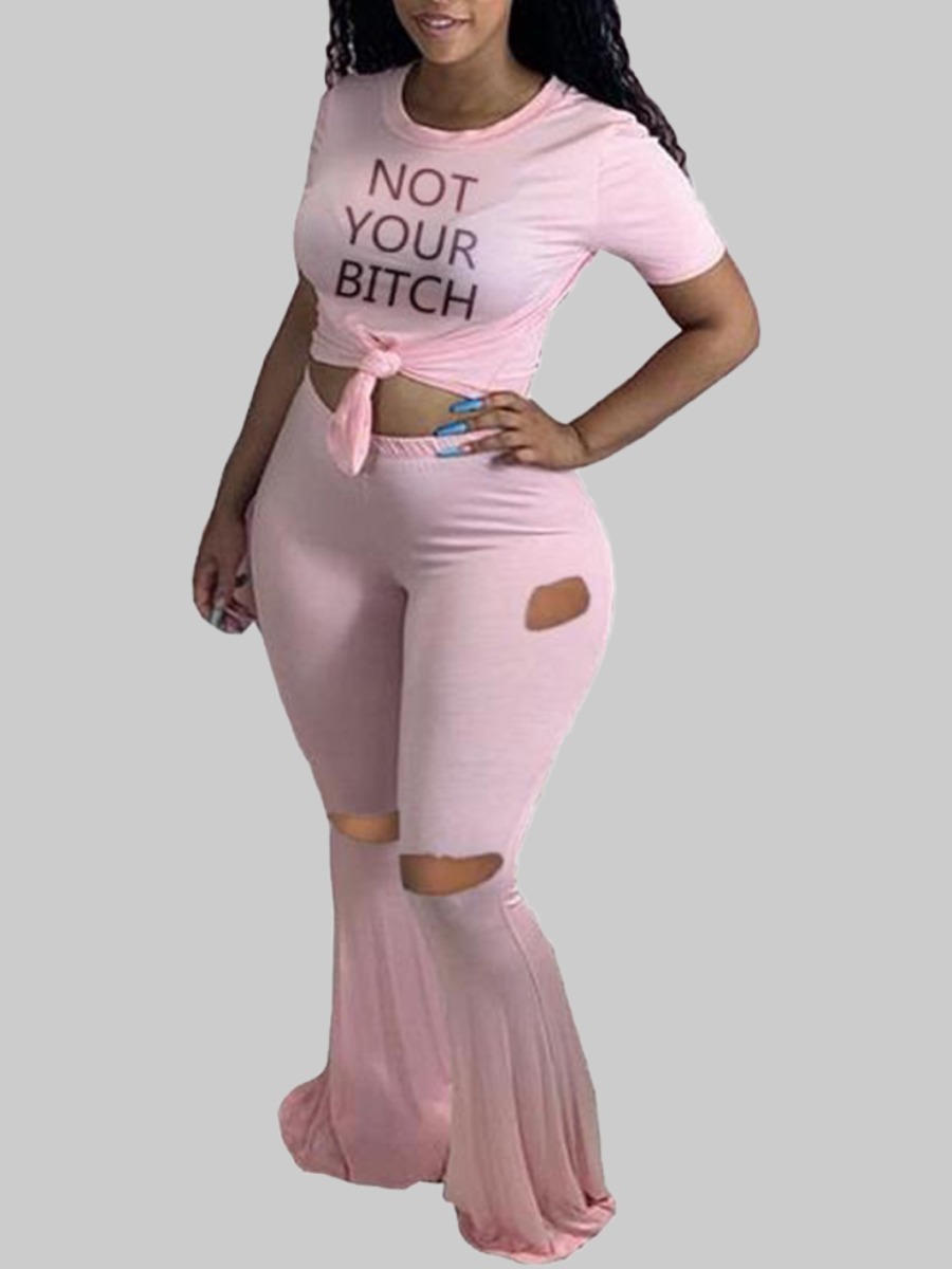 

LW BASICS Plus Size Leisure O Neck Letter Print Broken Holes Pink Two-piece Pants Set