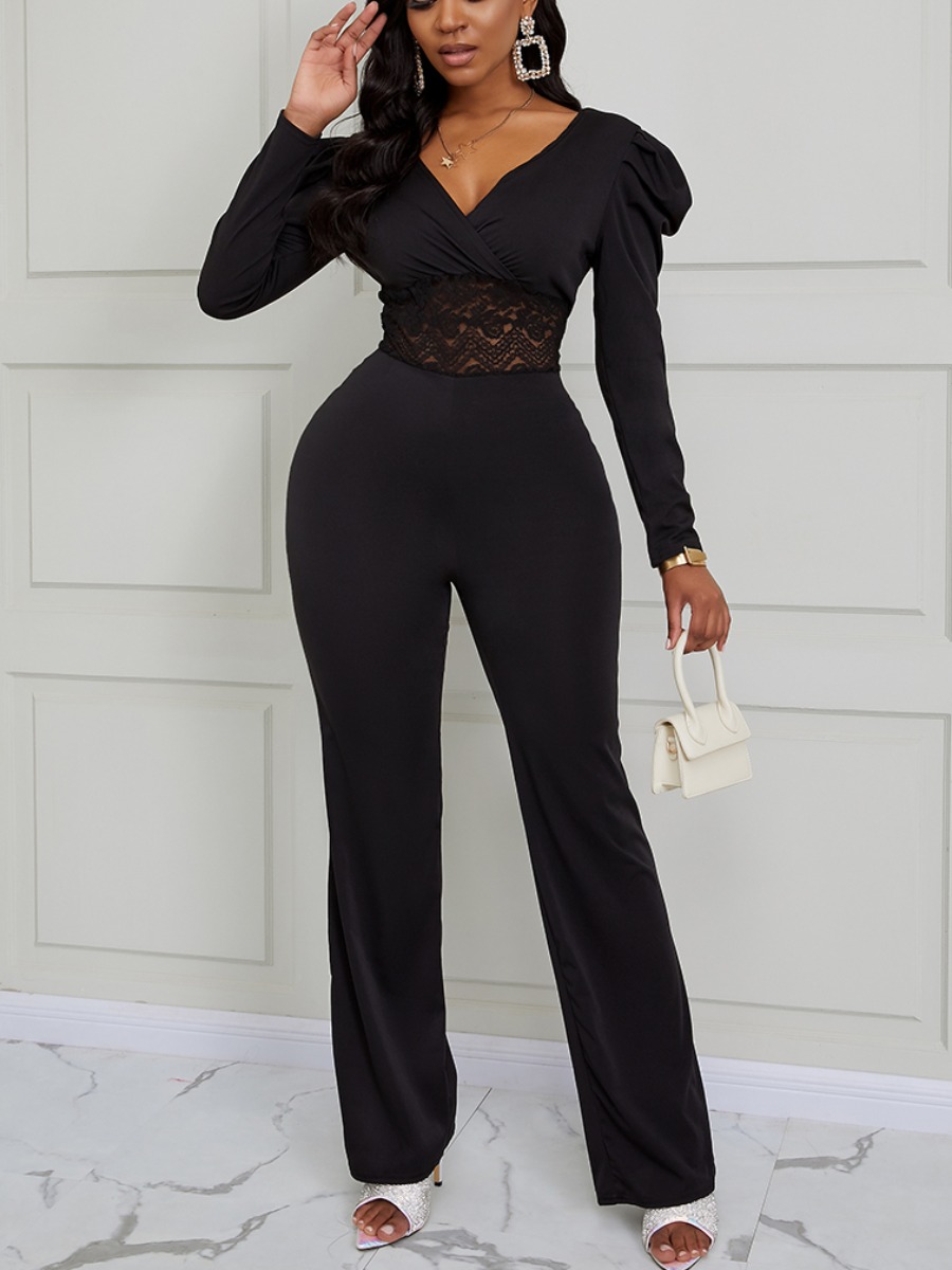 

lovely Stylish Bandage Design Patchwork Black One-piece Jumpsuit