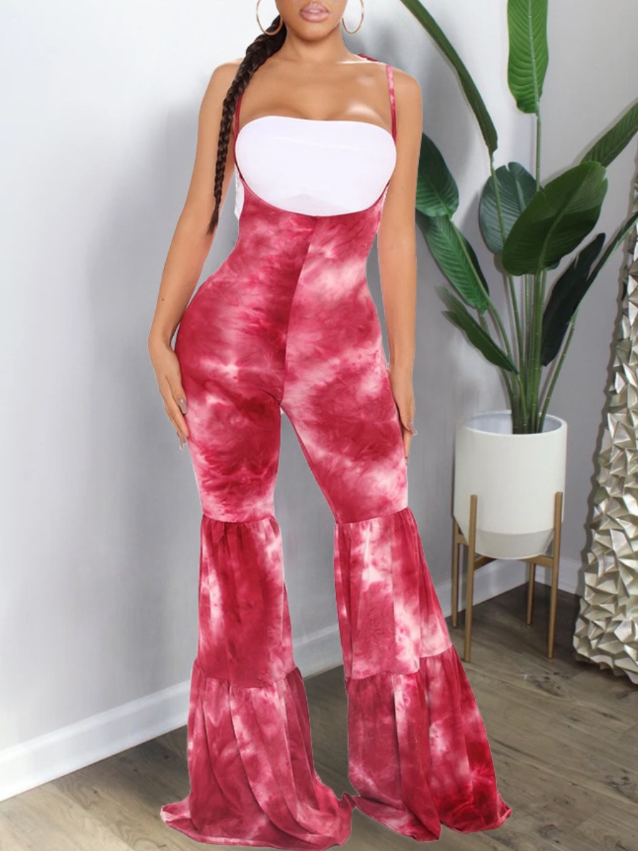 

lovely Trendy Spaghetti Strap Tie-dye Red One-piece Jumpsuit