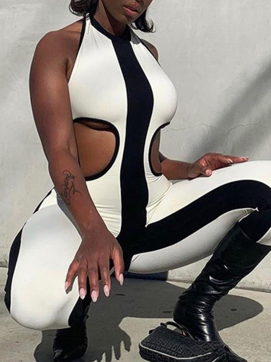 

lovely Sportswear Hollow-out Patchwork White One-piece Jumpsuit