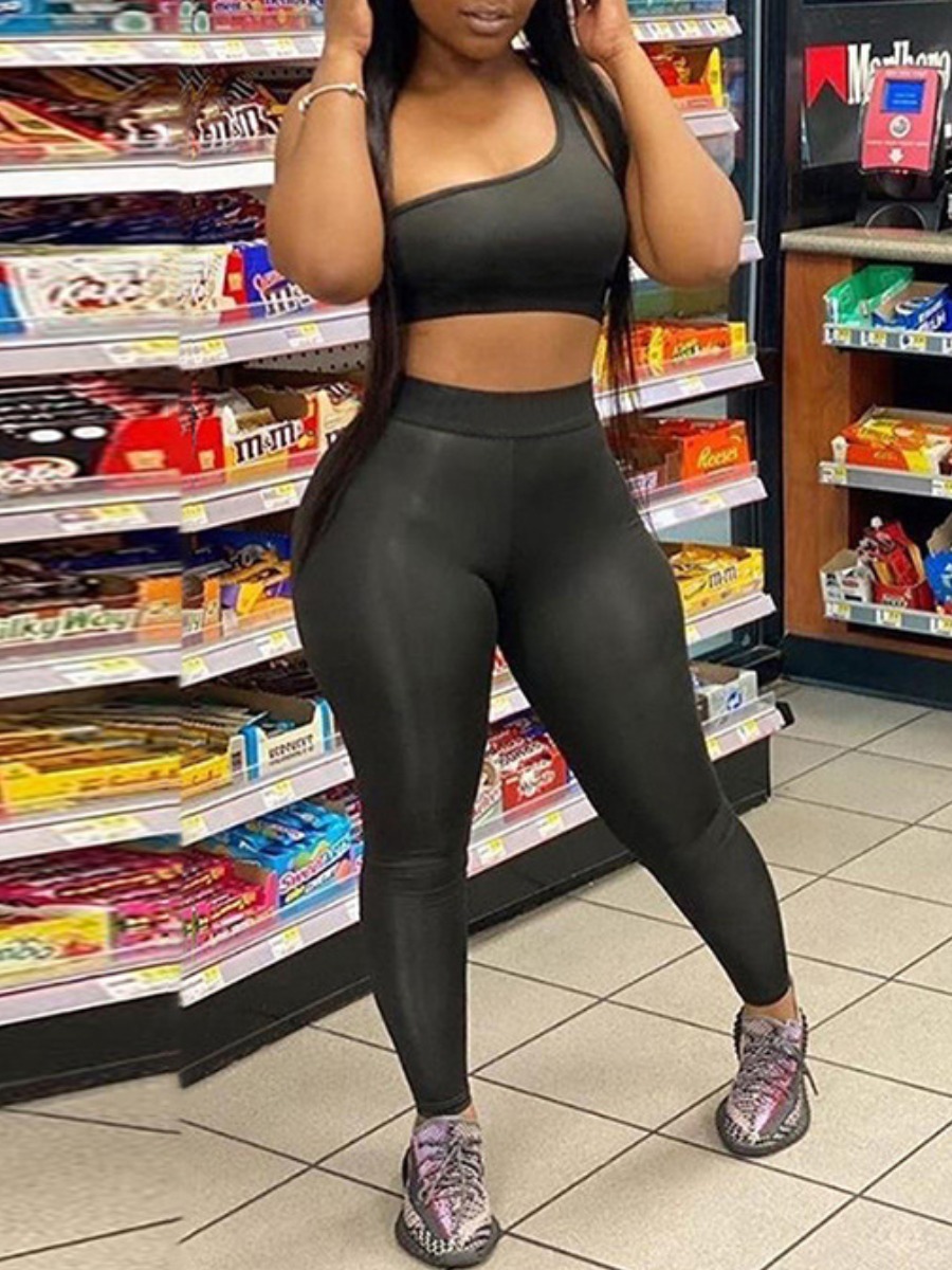 

lovely Sportswear One Shoulder Basic Skinny Black Two-piece Pants Set