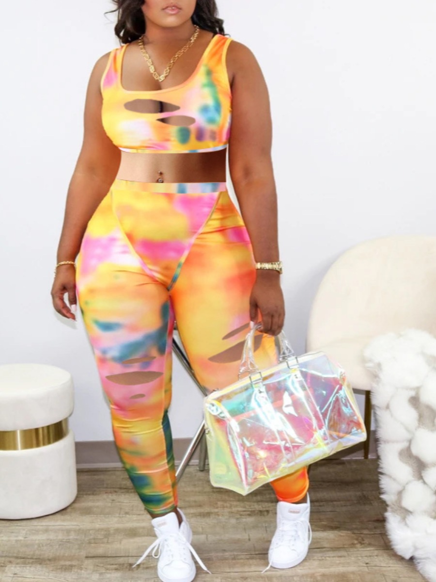 

lovely Sportswear U Neck Tie Dye Tear Yellow Two Piece Pants Set