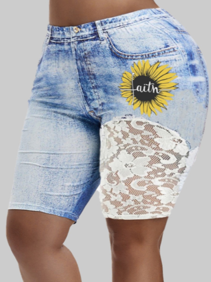 

lovely Trendy Print Patchwork Baby Blue Plus Size Shorts