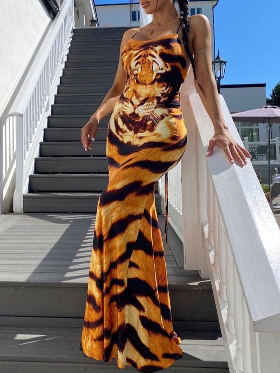

Lovely Trendy Spaghetti Strap Tiger Stripes Maxi Dress
