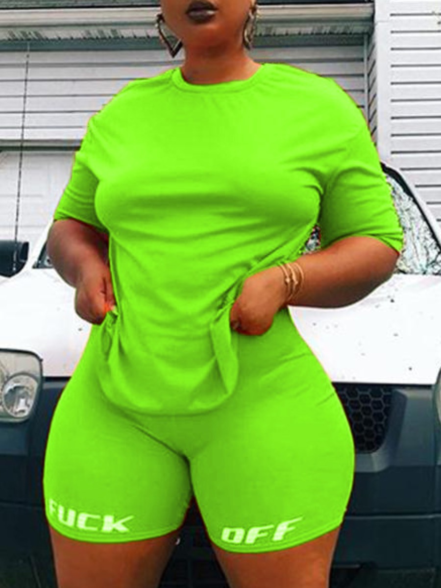 

lovely Casual O Neck Letter Green Plus Size Two-piece Shorts Set