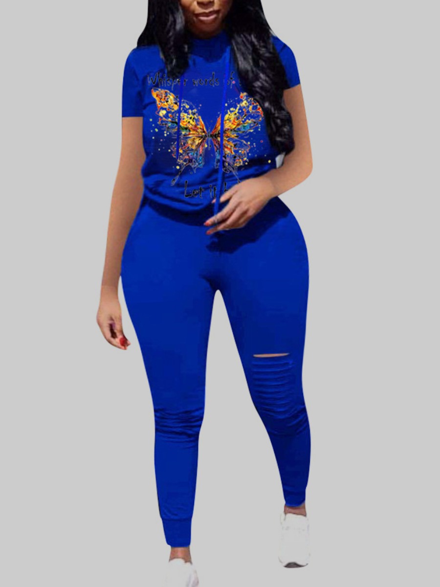 

lovely Sportswear Butterfly Print Blue Plus Size Two-piece Pants Set
