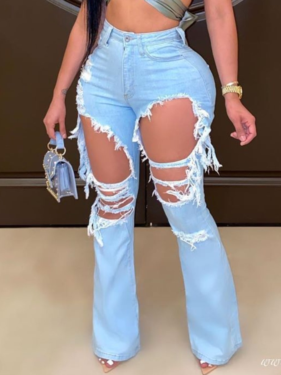

lovely Trendy Hollow-out Baby Blue Jeans