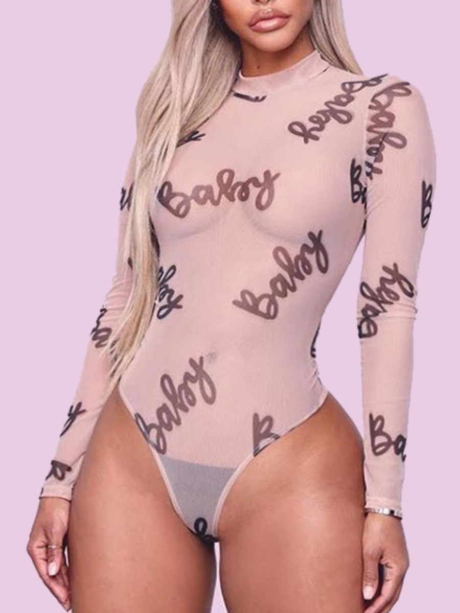 

lovely Street Letter Print See-through Pink Bodysuit