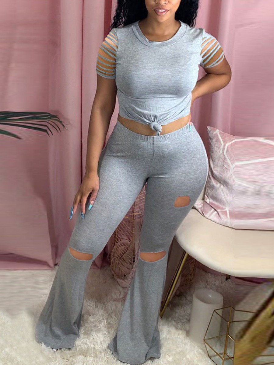 

lovely Trendy O Neck Hollow-out Grey Two Piece Pants Set