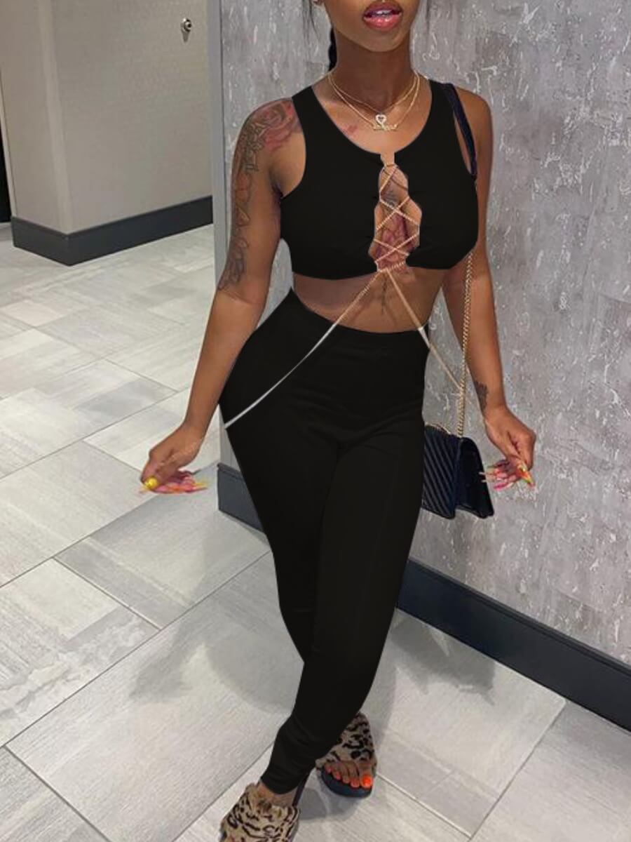 

LW Sportswear Bandage Design Skinny Black Two Piece Pants Set