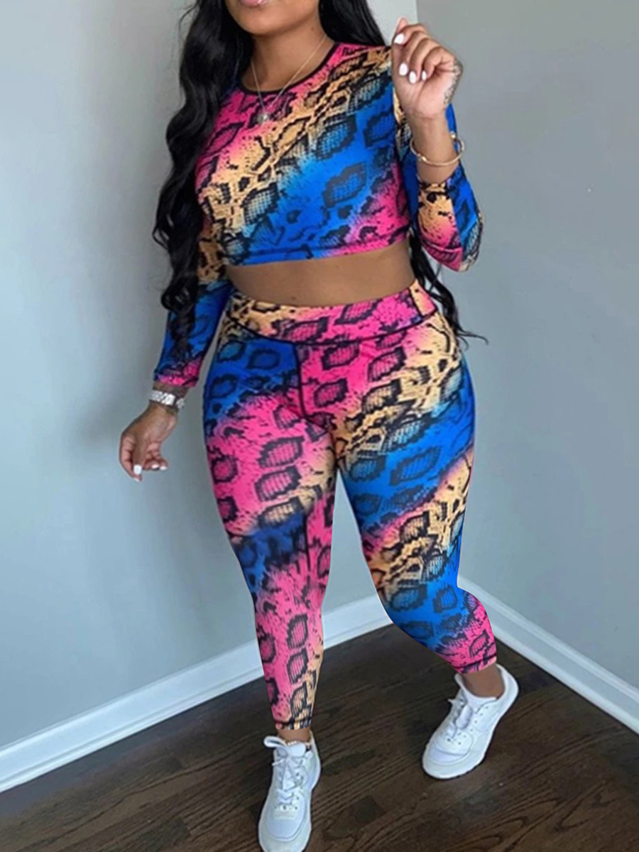 

lovely Casual O Neck Print Blue Two Piece Pants Set