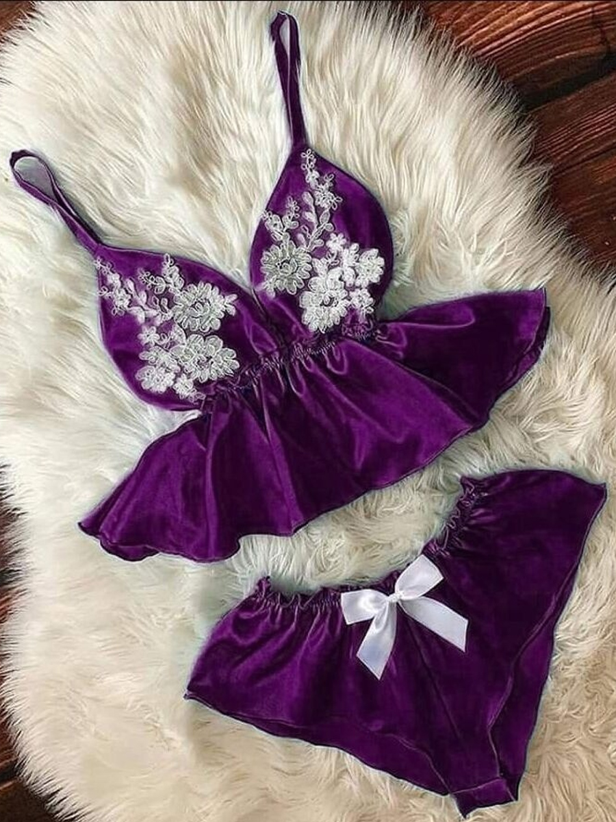 

lovely Sexy Spaghetti Strap Print Purple Sleepwear