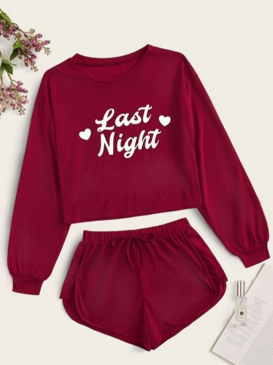 

lovely Sexy O Neck Letter Print Red Sleepwear