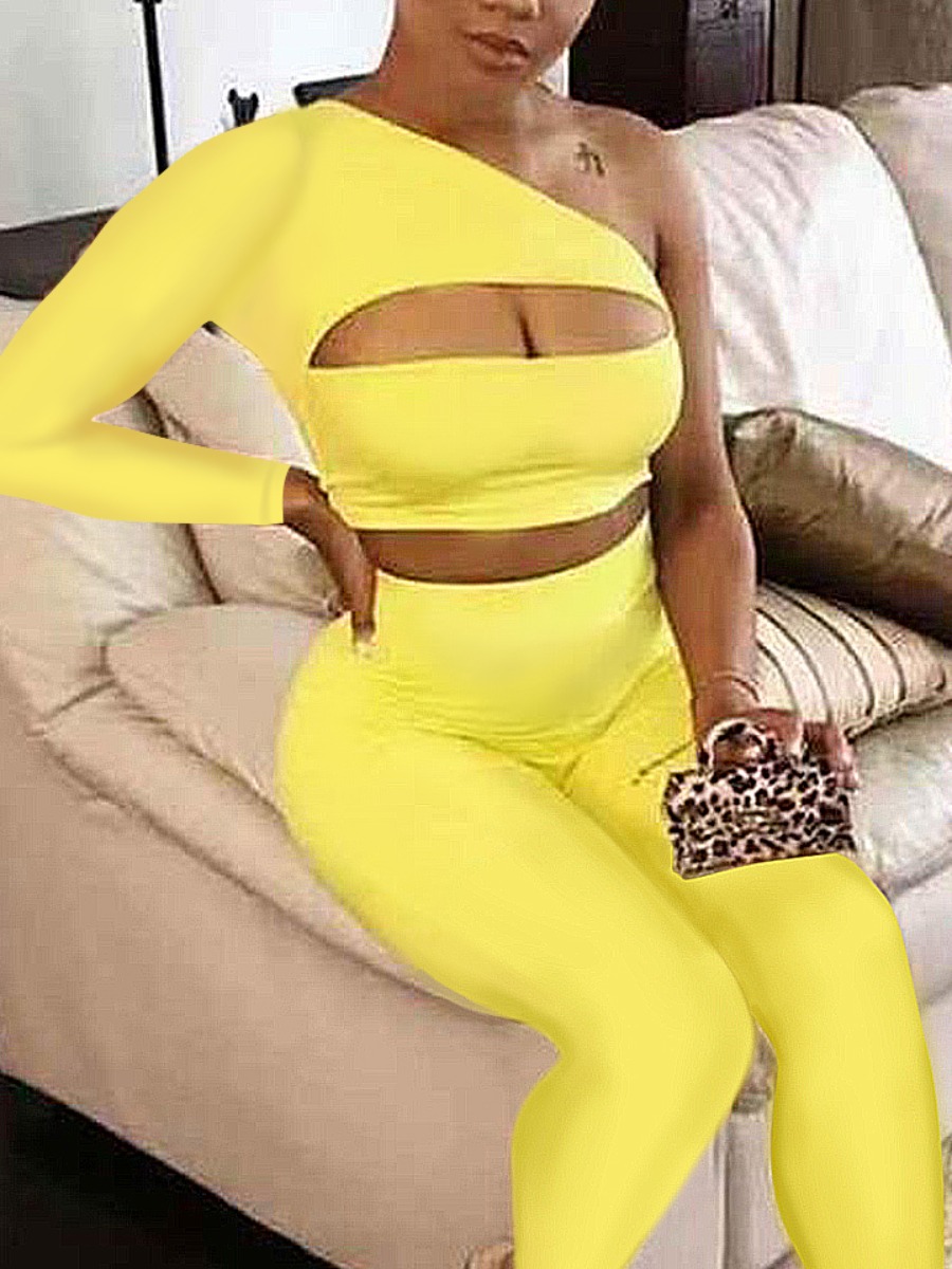 

lovely Stylish One Shoulder Hollow-out Yellow Two Piece Pants Set