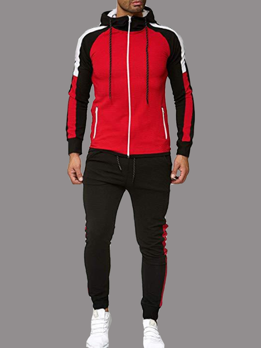 

Men lovely Sportswear Hooded Collar Patchwork Red Men Two-piece Pants Set