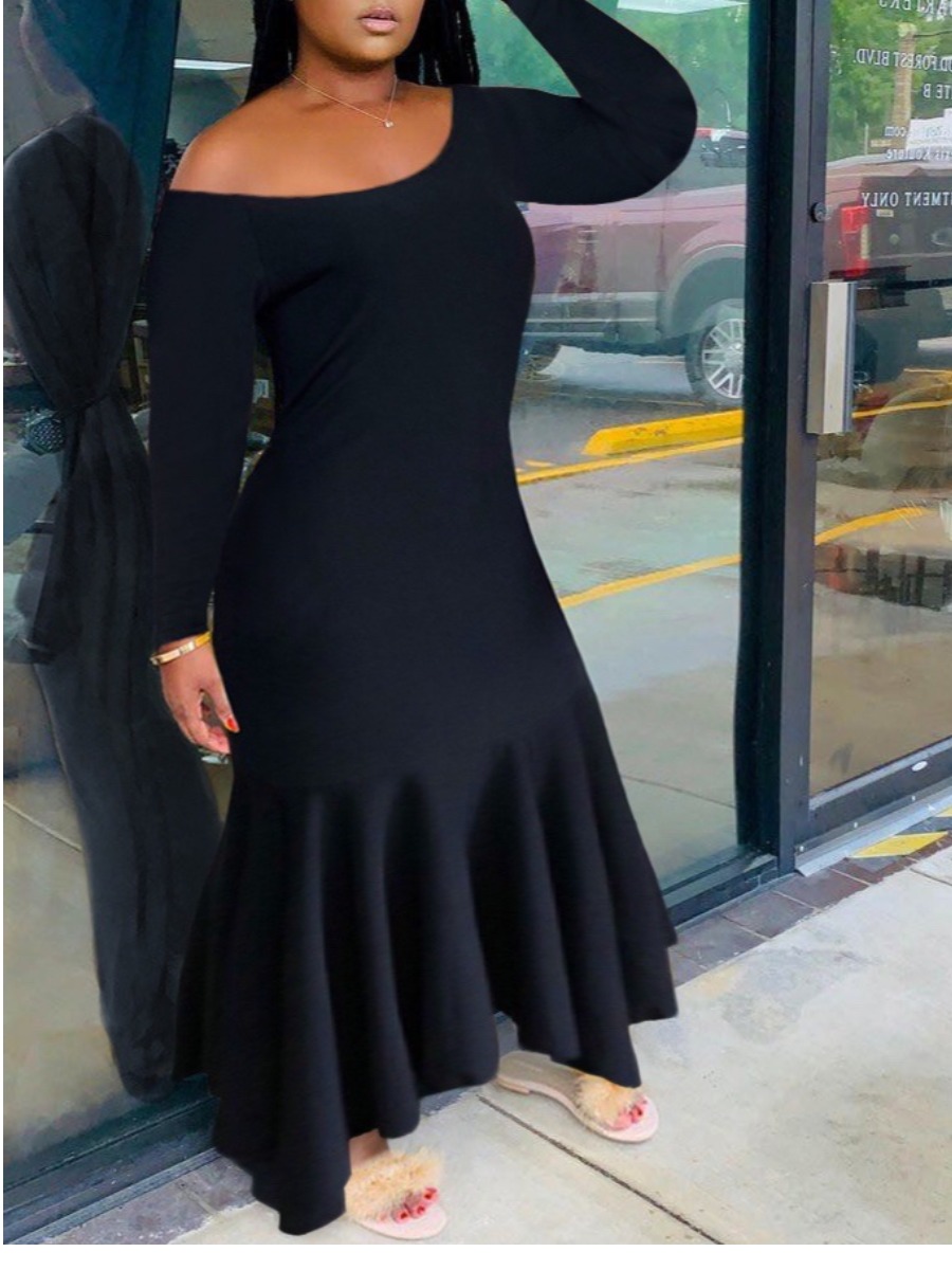 

lovely Trendy Dew Shoulder Fold Design Black Maxi Dress