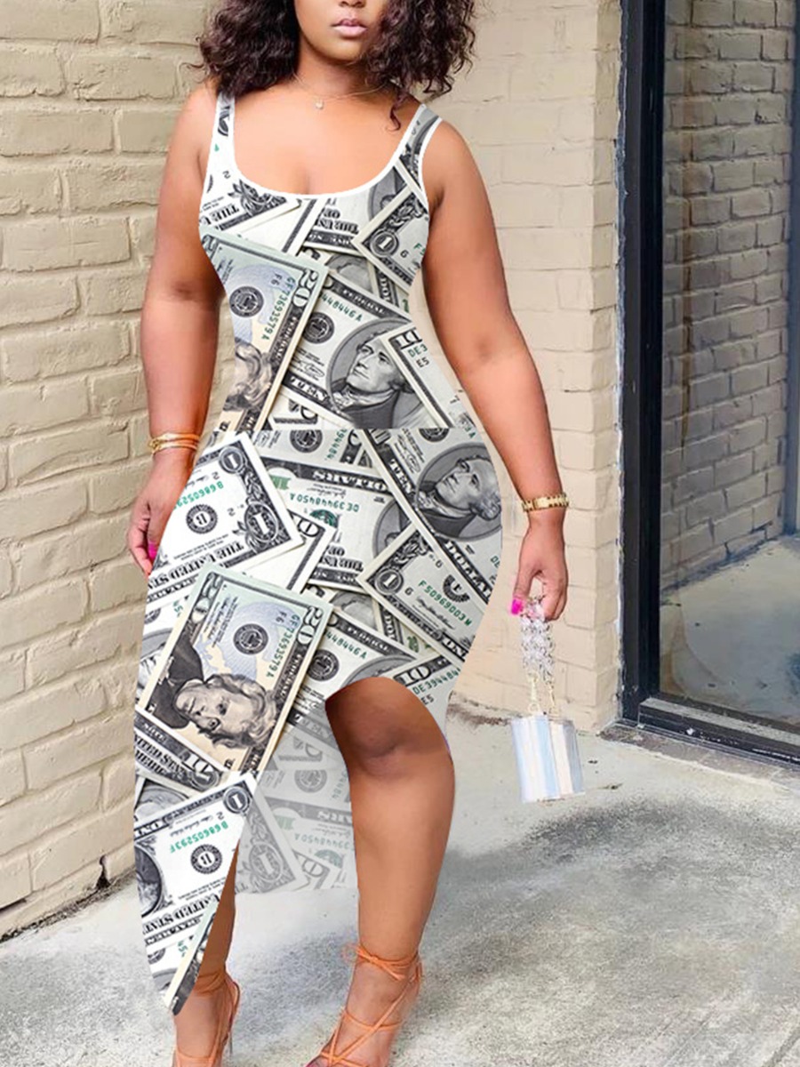 

lovely Trendy U Neck Print Asymmetrical White Ankle Length Dress