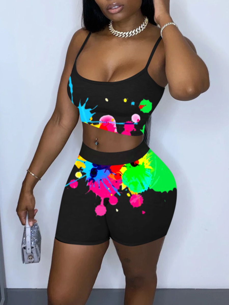 

lovely Sportswear Spaghetti Strap Graffiti Print Black Two Piece Shorts Set