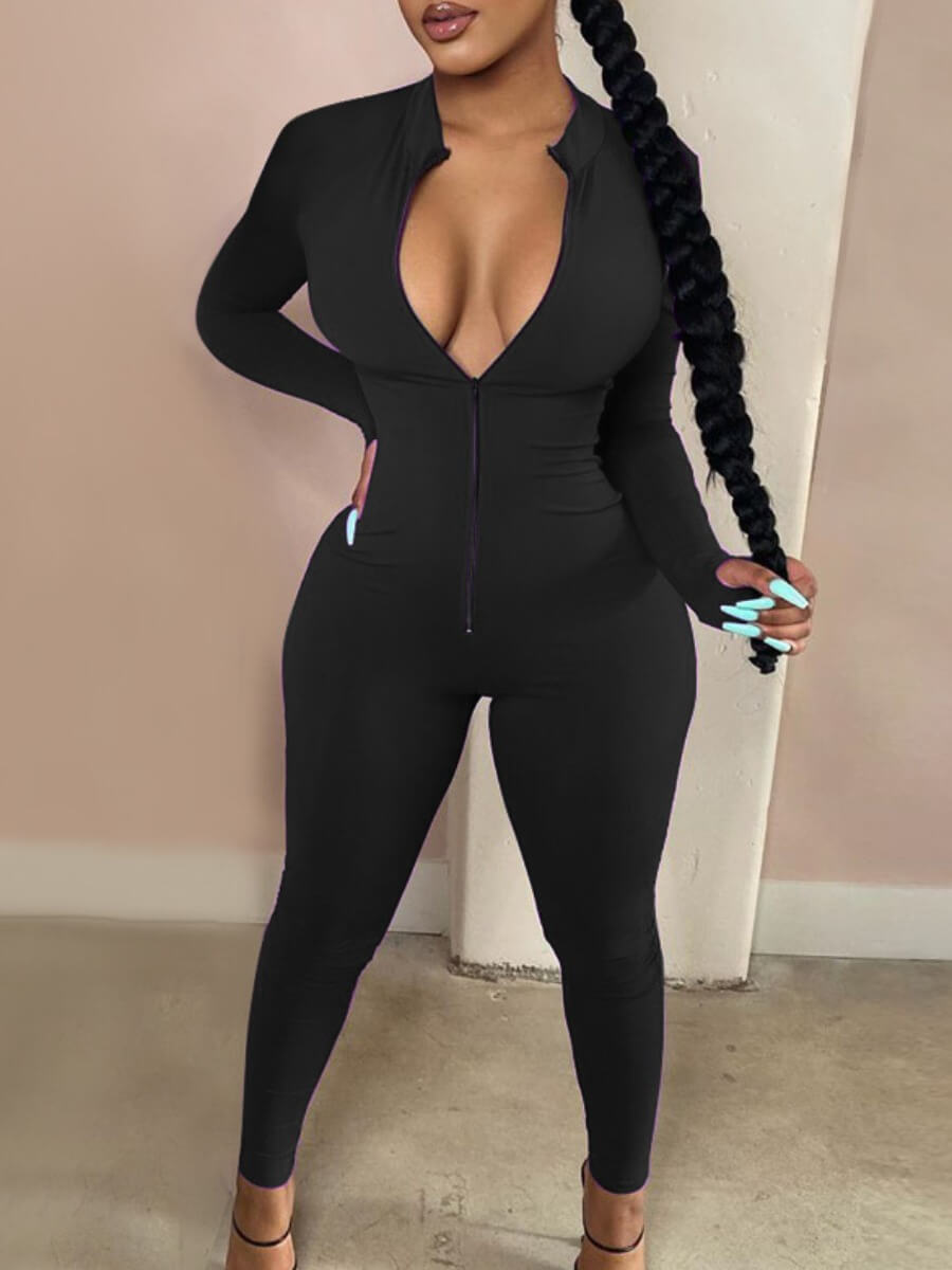 

LW Zipper Design Basic Skinny Jumpsuit, Black