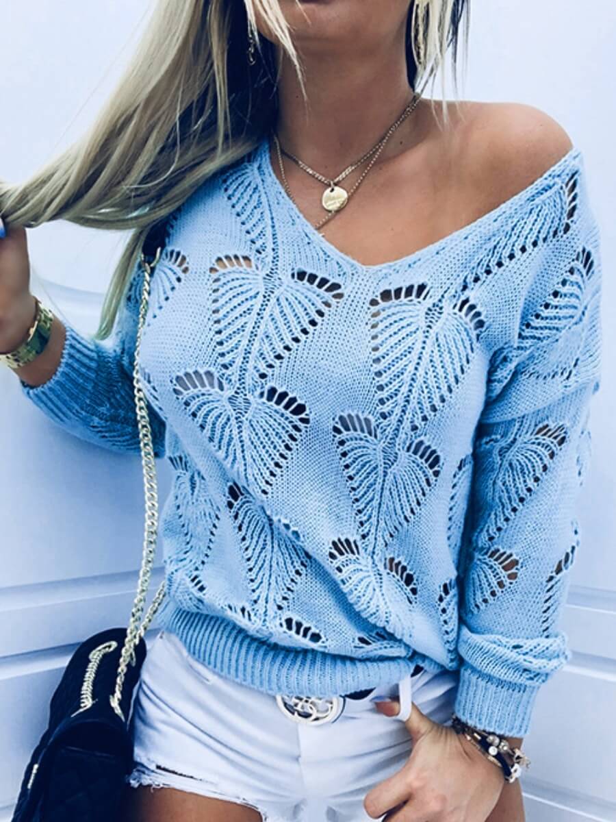

Lovely Trendy V Neck Hollow-out Blue Sweater