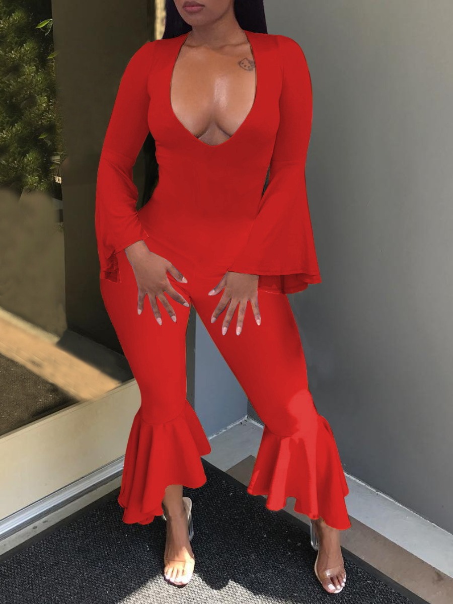 

lovely Sexy Deep V Neck Skinny Red One-piece Jumpsuit