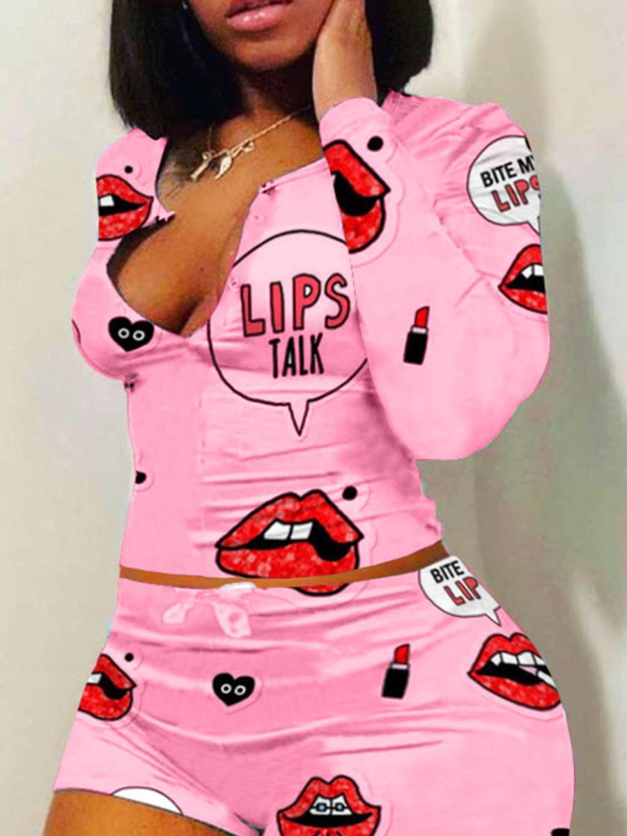 

LW Plus Size Sportswear Lip Print Pink Two-piece Shorts Set