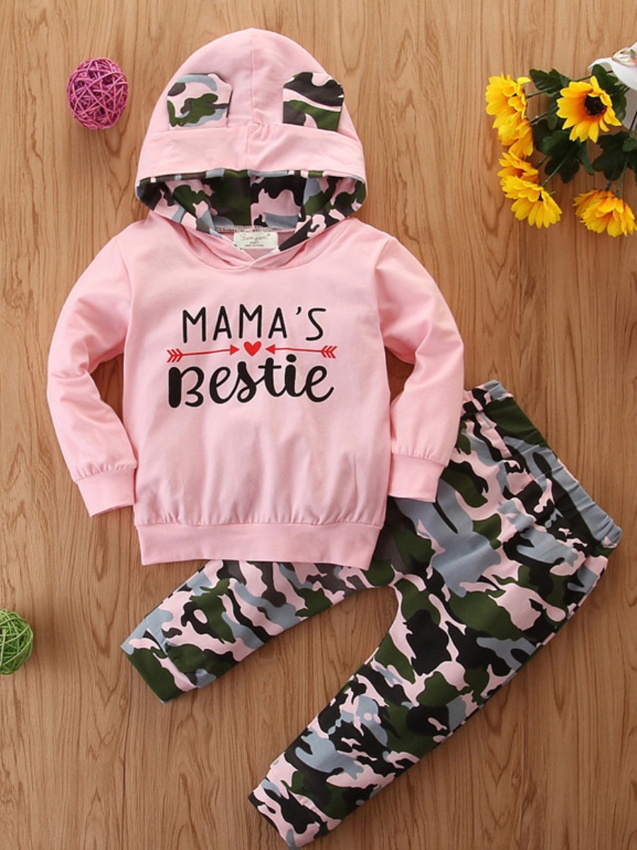 

lovely Street Hooded Collar Letter Print Pink Girl Two-piece Pants Set