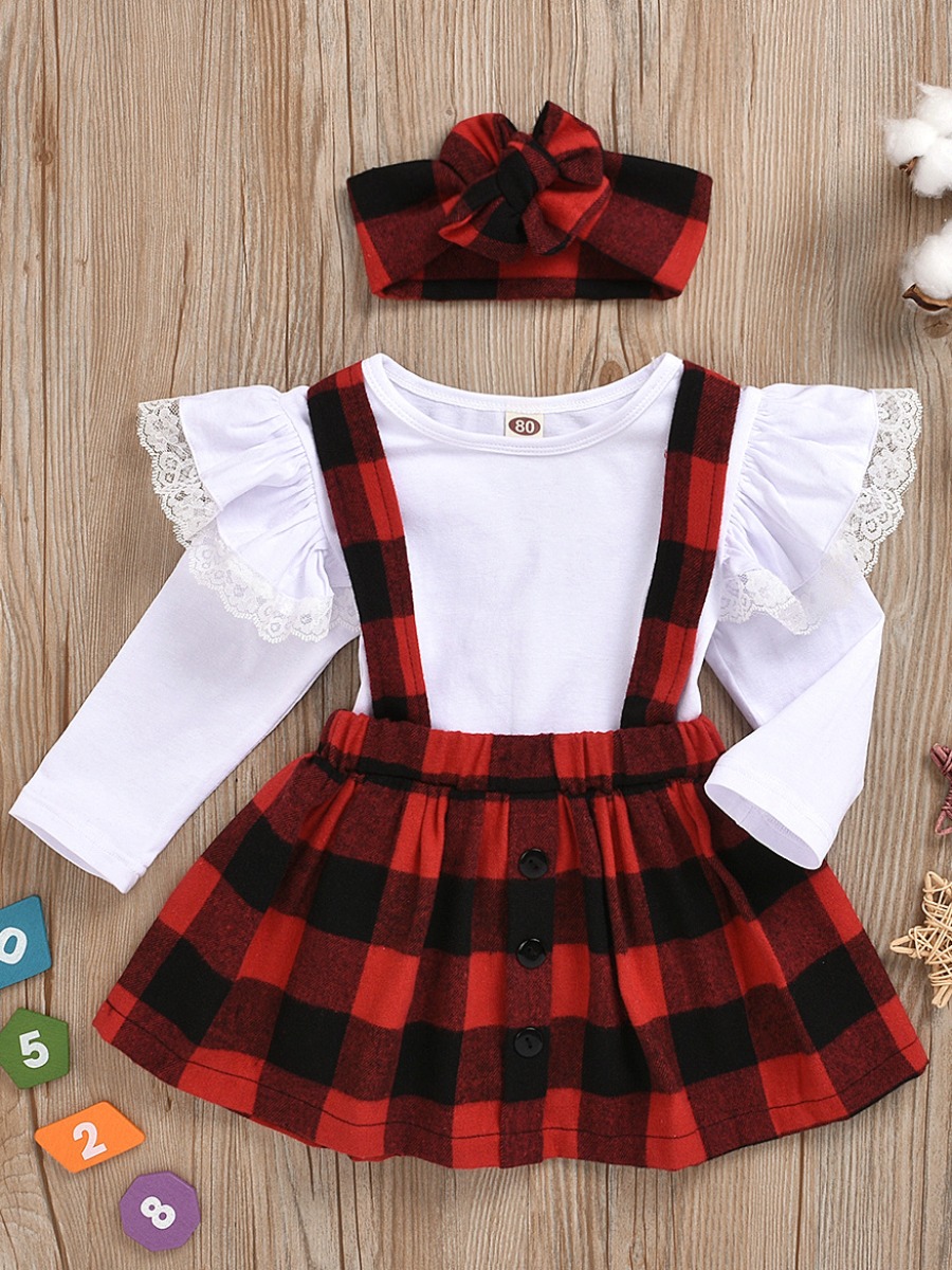 

lovely Casual O Neck Grid Print Red Girl Two-piece Skirt Set