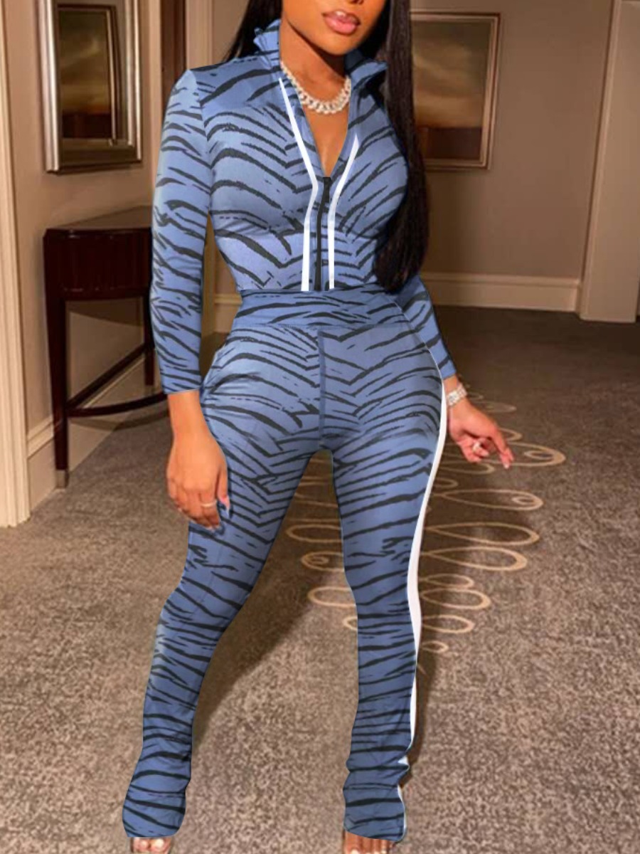 

lovely Trendy Turndown Collar Print Blue Two Piece Pants Set