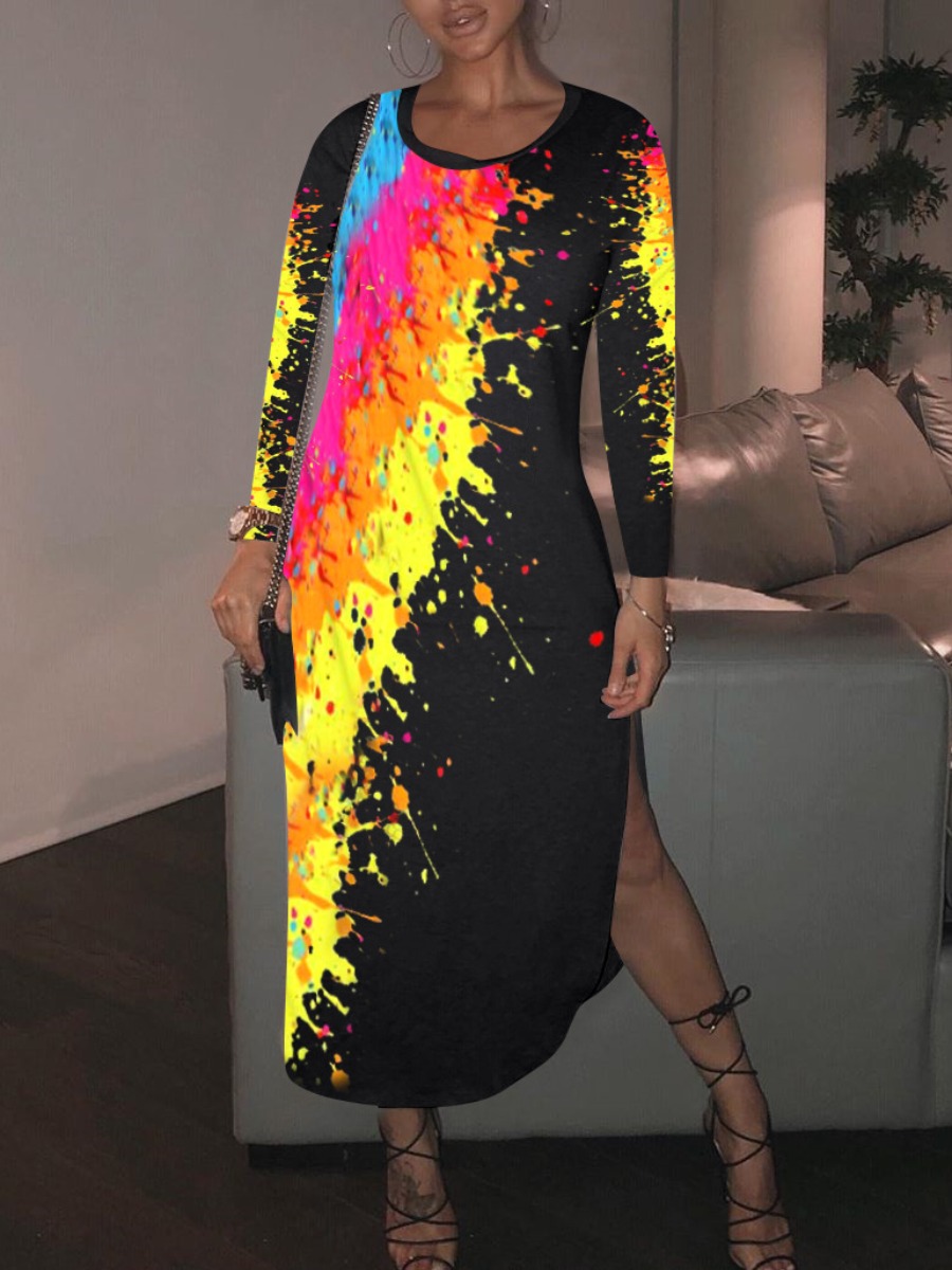 

lovely Casual O Neck Graffiti Print Black Mid Calf Dress