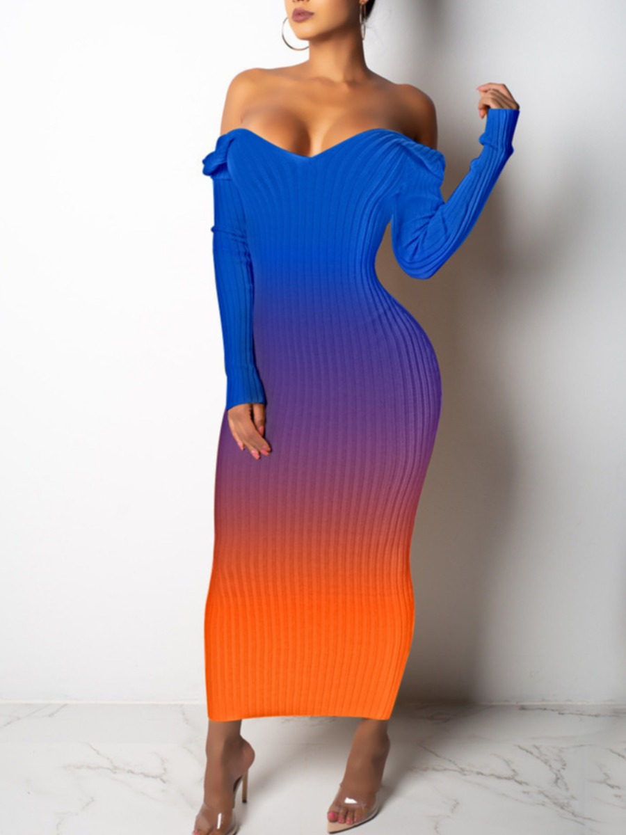 

lovely Trendy Dew Shoulder Gradient Blue Ankle Length Dress