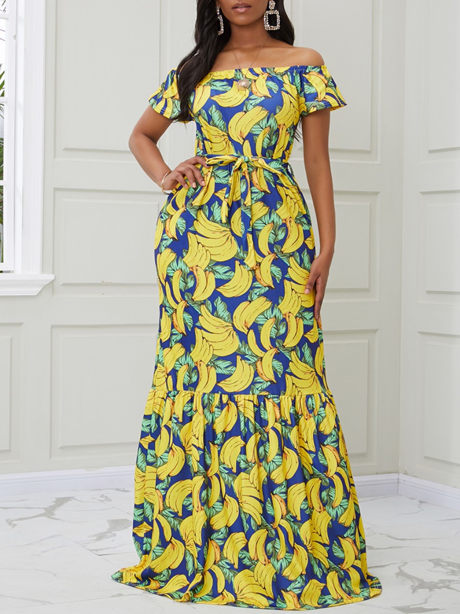 

lovely Casual Banana Print Multicolor Maxi Dress, Multi