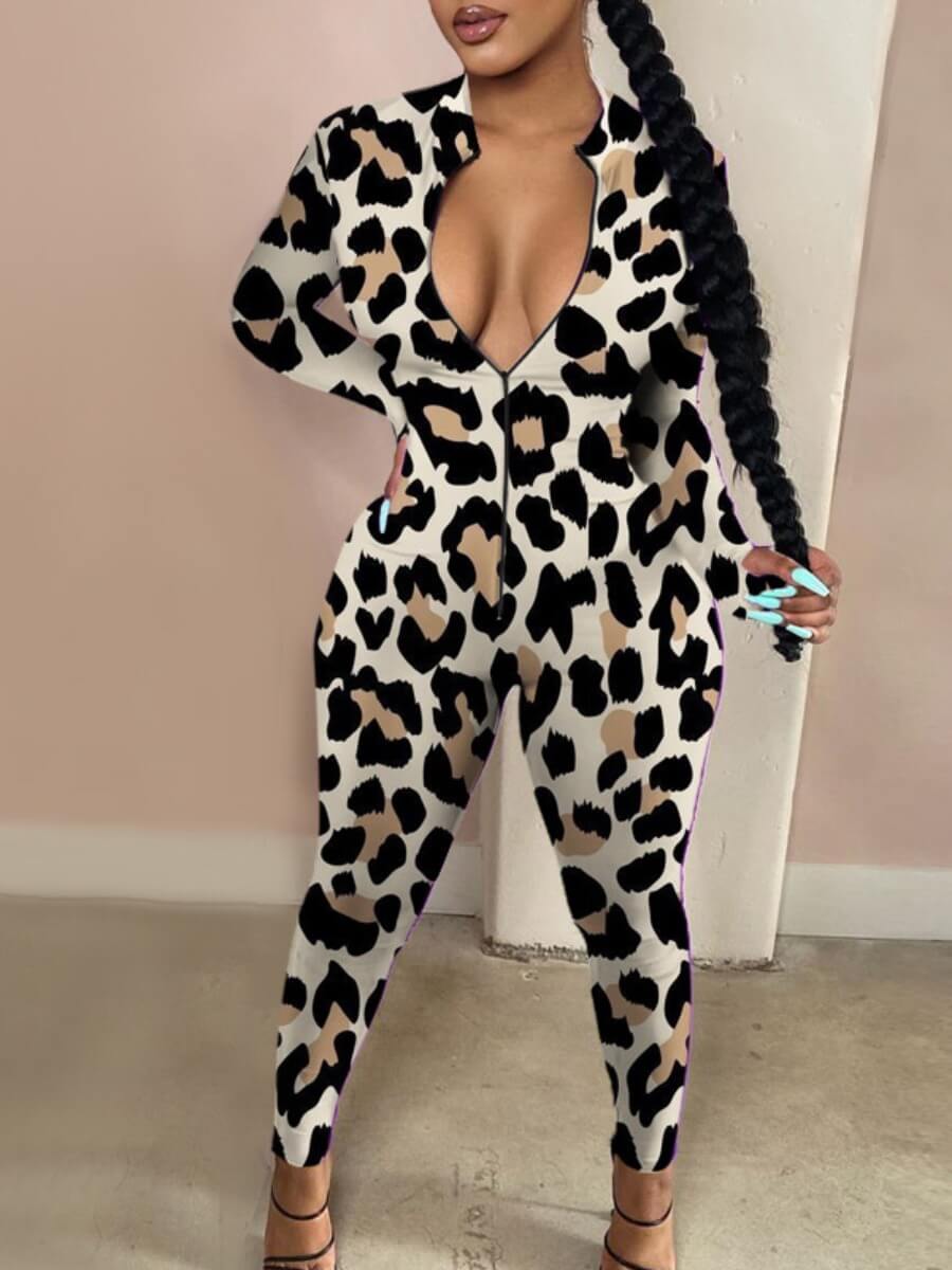 

lovely Stylish Print Zipper Design Black One-piece Jumpsuit