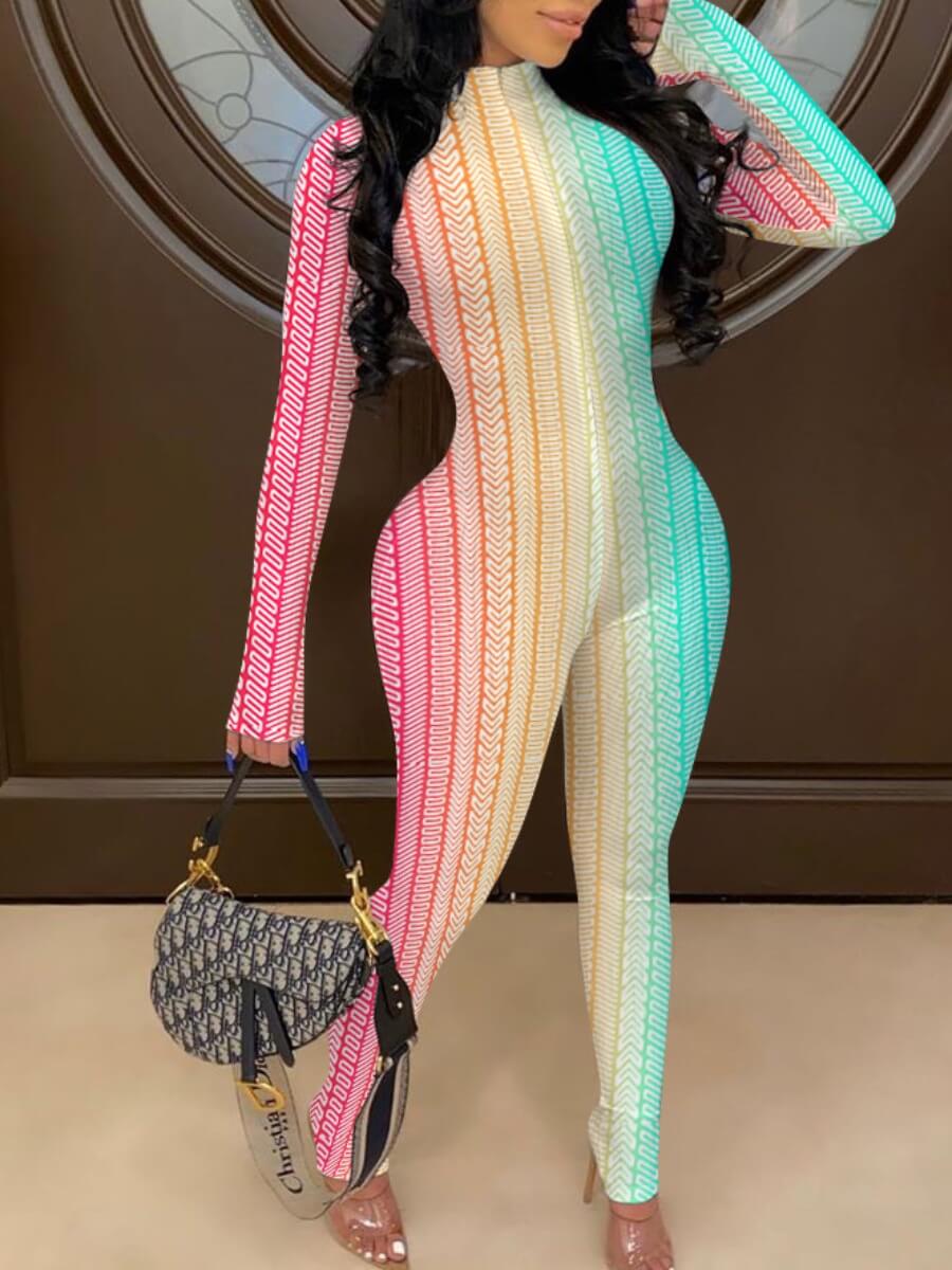

lovely Stylish Striped Print Zipper Design Multicolor One-piece Jumpsuit, Multicolor mstn