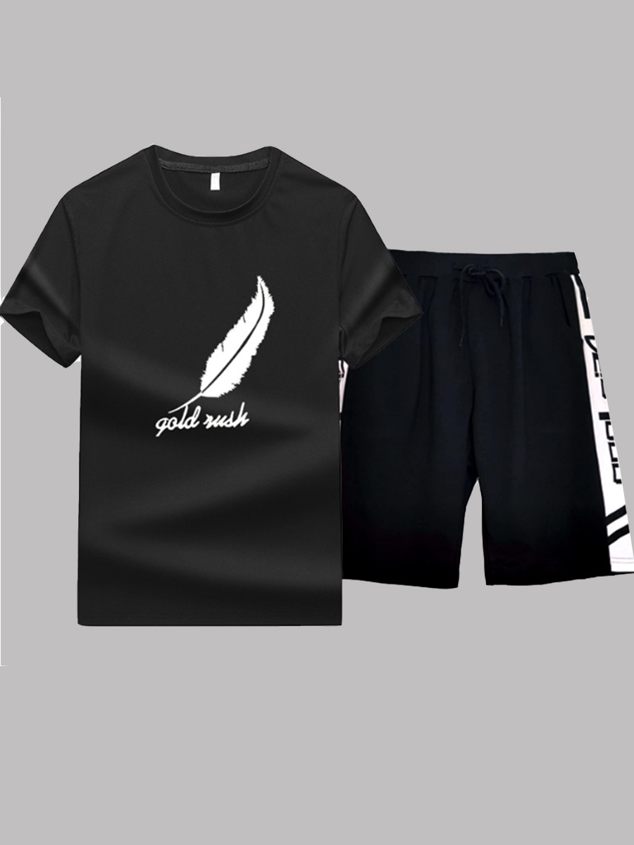 

lovely Casual O Neck Print Black Men Two-piece Shorts Set