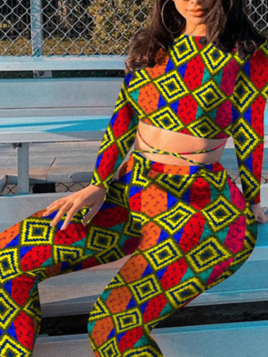 

lovely Stylish O Neck Print Red Two Piece Pants Set(Batch Print