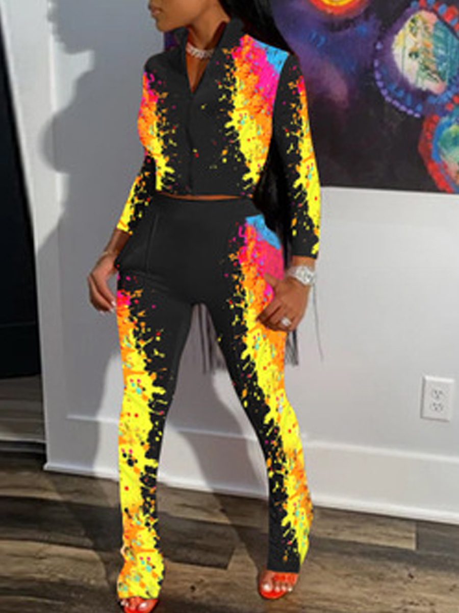 

Lovely Casual Turndown Collar Graffiti Print Black Two Piece Pants Set