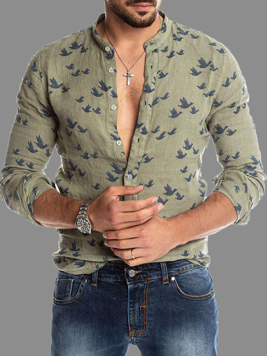 

lovely Street Mandarin Collar Print Green Men Shirt