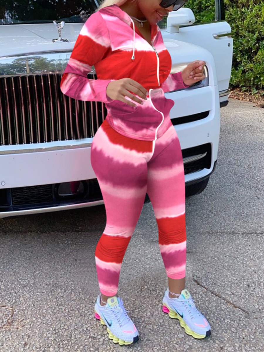 

lovely Casual Hooded Collar Tie Dye Red Two Piece Pants Set