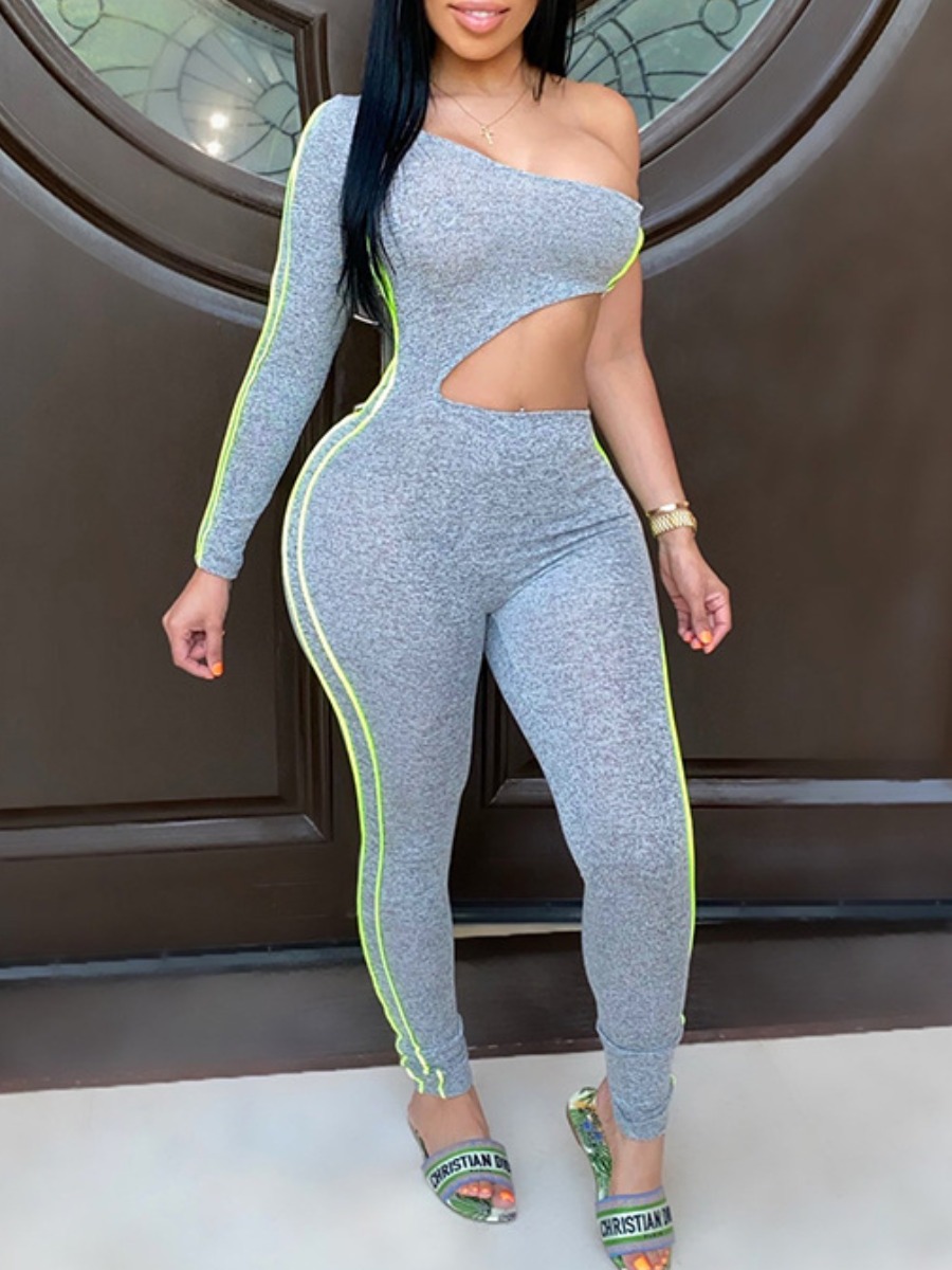 

lovely Trendy One Shoulder Hollow-out Grey One-piece Jumpsuit