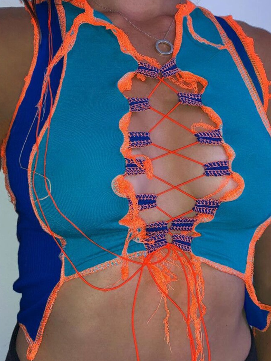 

lovely Trendy Bandage Design Patchwork Blue Camisole