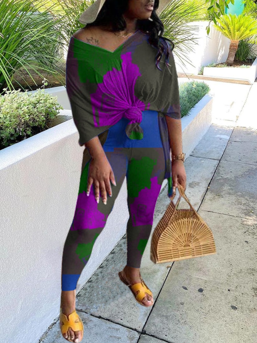 

lovely Casual V Neck Tie Dye Purple Two Piece Pants Set