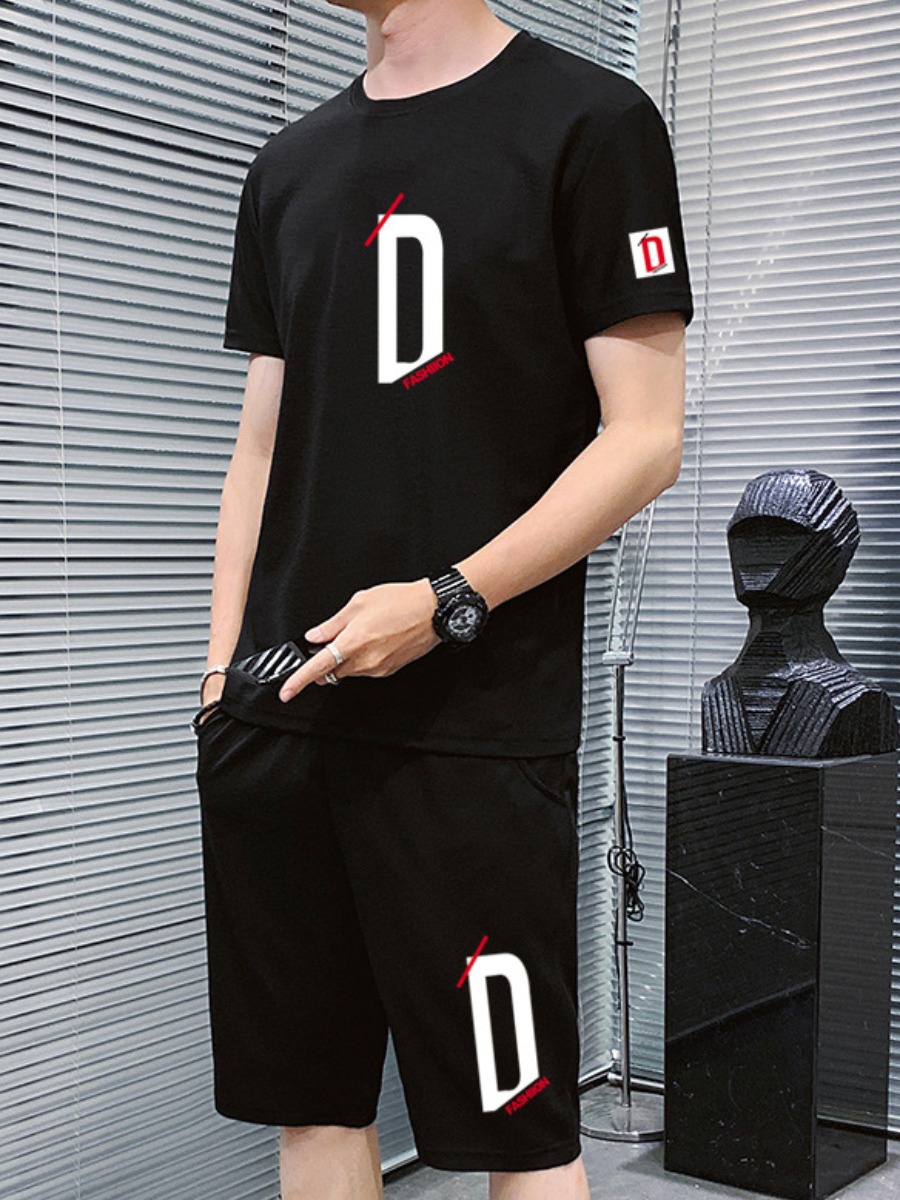 

lovely Casual O Neck Print Black Men Two-piece Shorts Set