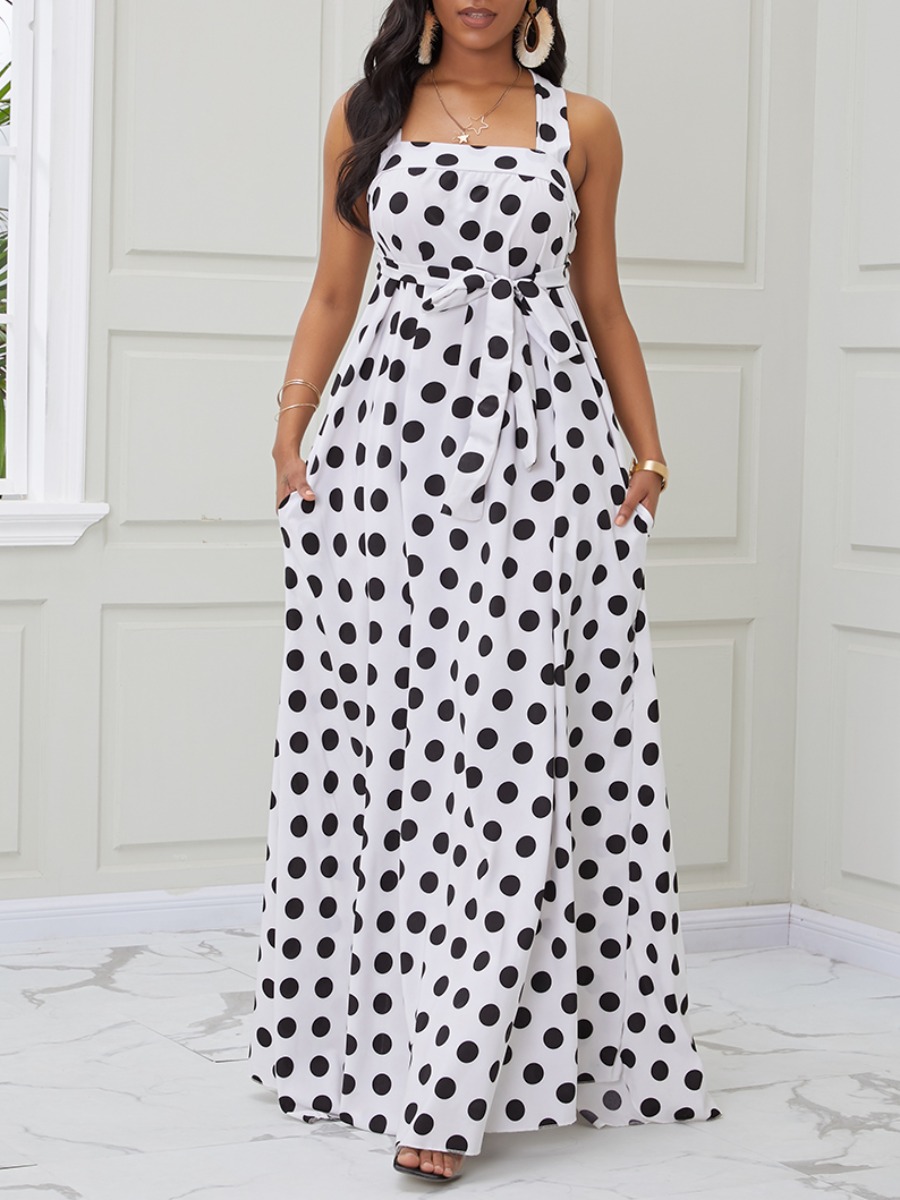 

lovely Trendy Backless Dot Print White Maxi Dress