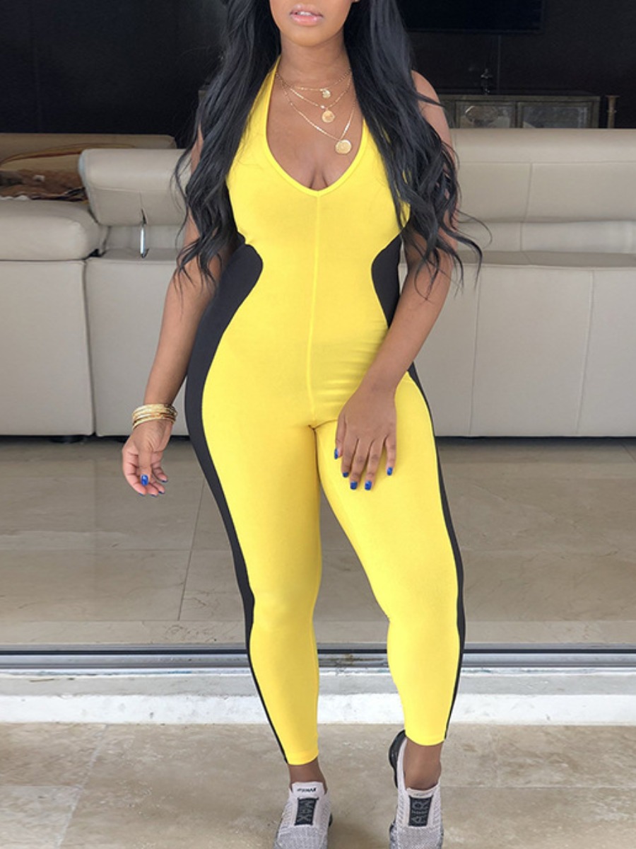 

lovely Sportswear Patchwork Yellow One-piece Jumpsuit