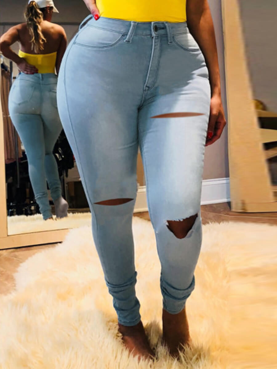 

Lovely Trendy Broken Holes Baby Blue Plus Size Jeans